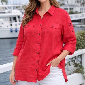 Lauren Ralph Lauren Linen Shirt Embroidered Anchor Roll Tab Plus